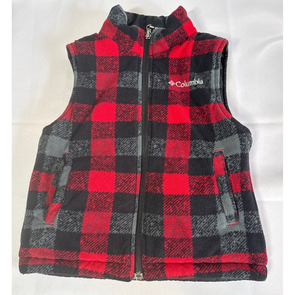 Columbia Boy Vest XXS Red Black Buffalo Check Reversible Quilted Fleece Gorpcore